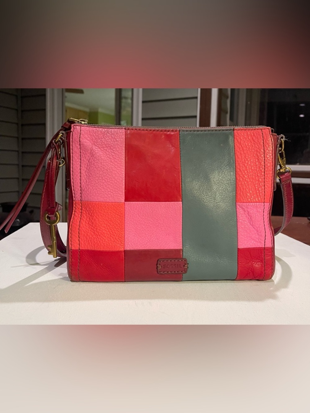 Fossil Emma Patchwork Leather Crossbody in Red, Pink, Orange & Teal With Charm - Picture 5 of 10